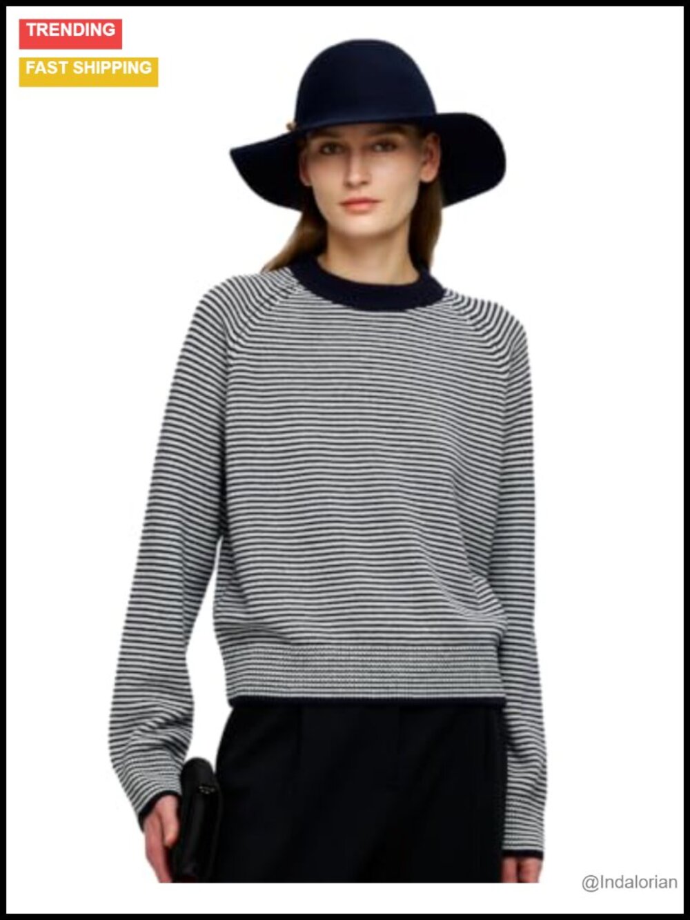 100% Merino Wool Striped Crewneck Cropped Pullover Sweater Long Sleeve
